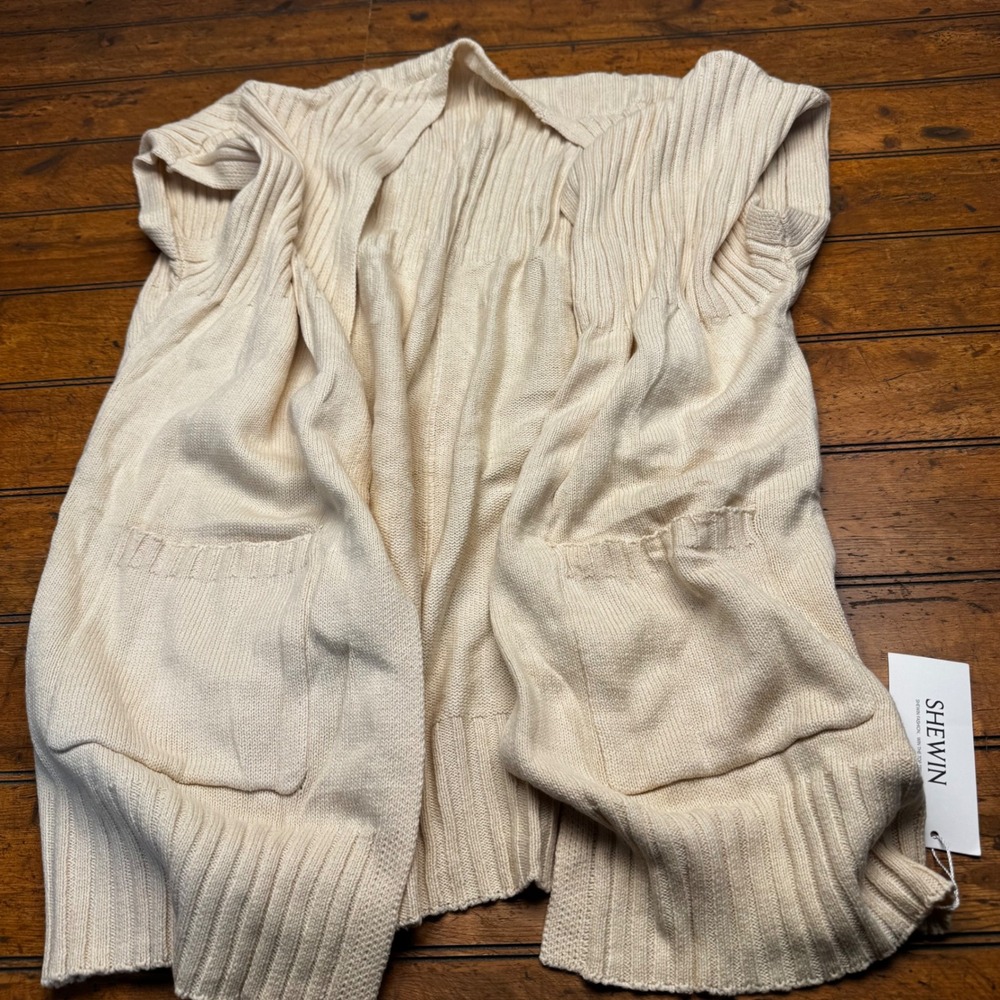 SHEWIN Womens Cream Sleeveless Open Front Knit Cardigan Sweater Vest Large NWT